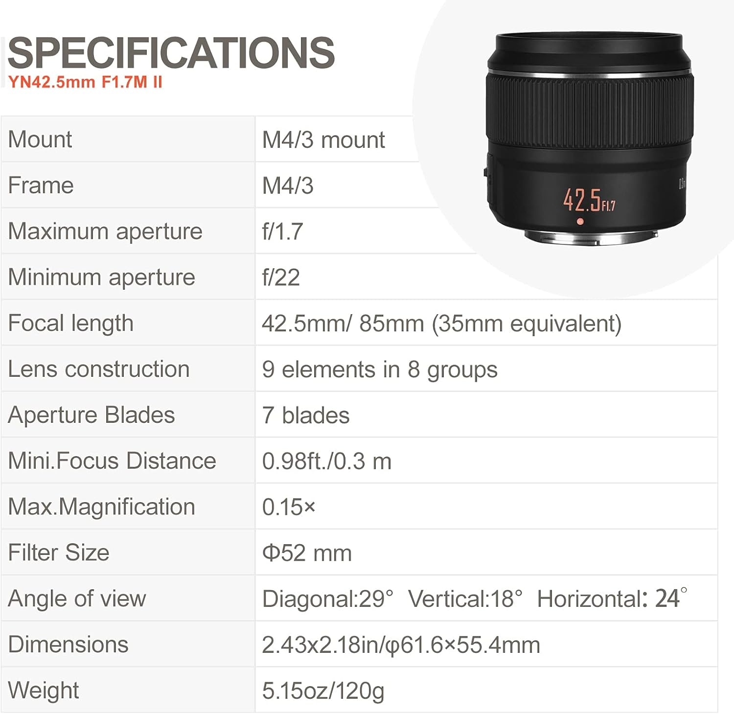 YONGNUO YN42.5mm F1.7M II Auto Focus Fixed Prime Lens for Micro Four Thirds Cameras Black - Image 3